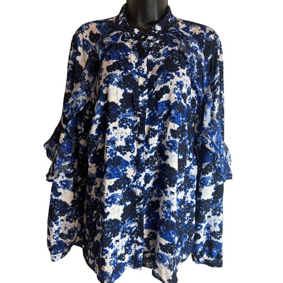 Lauren Ralph Lauren Tops - Lauren Ralph Lauren Womens Blue Floral Ruffle Blouse Button Front Size Large